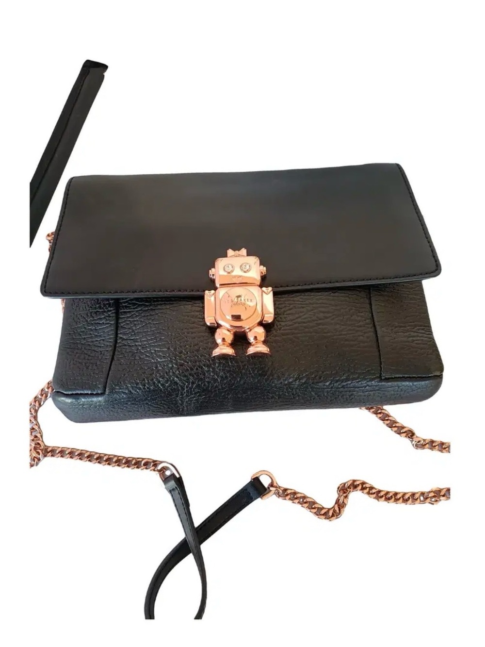 Ted Baker Black Leather Crossbody Bag with Rose Gold Robot Lock and Chain